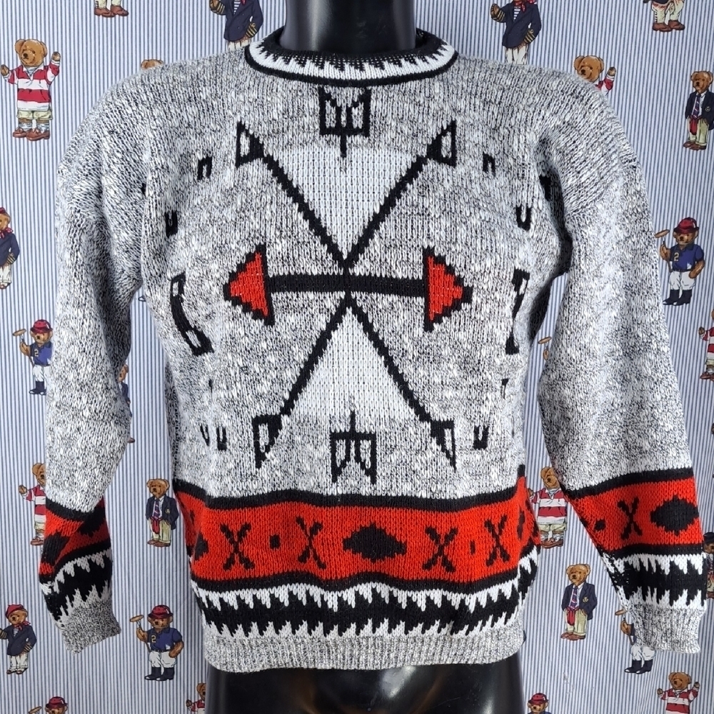 Vintage Adele Knitwear tribal arrows grampa gray & red Med chunky knit sweater